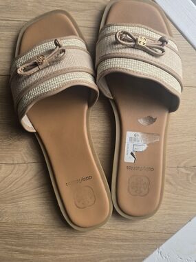 Daisy Fuentes Nude Beige Slide Sandals with Rope Trim